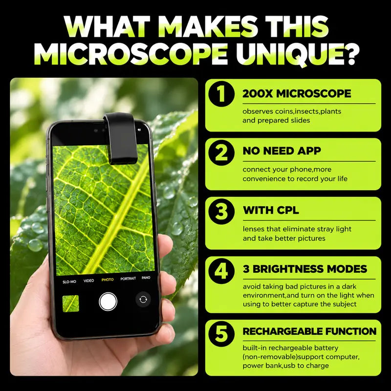 Discover the Tiny World! 🌍🔍 200X Zoom Clip-On Microscope Lens for Your Phone - Perfect for Kids & Adventure! No App Needed! Ideal for Plants, Coins, & Jewelry! 📱✨