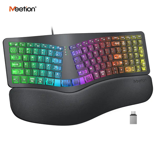 Level Up Your Gaming Setup with the MEETION Ergonomic RGB Keyboard! 🌈✨ Translucent Cyberpunk Style, 7-Color Backlit Keys, and a Comfy Wrist Rest! Perfect for Windows & Mac! 🖥️💻